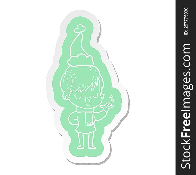 quirky cartoon  sticker of a woman talking wearing santa hat