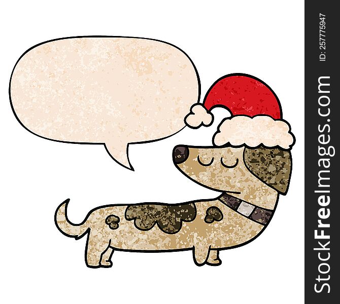 Cartoon Dog Wearing Christmas Hat And Speech Bubble In Retro Texture Style