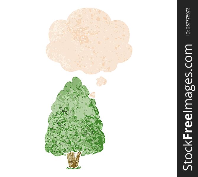 Cartoon Tall Tree And Thought Bubble In Retro Textured Style