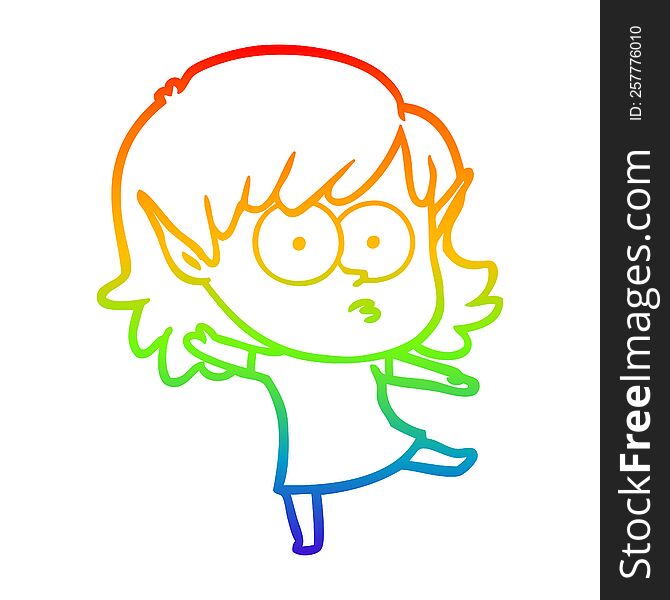 Rainbow Gradient Line Drawing Cartoon Elf Girl Dancing