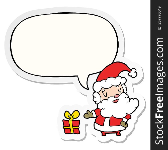 cartoon santa claus with present with speech bubble sticker. cartoon santa claus with present with speech bubble sticker