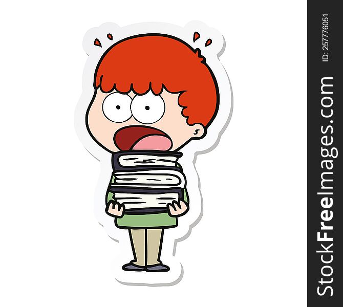 sticker of a cartoon shocked boy with stack of books