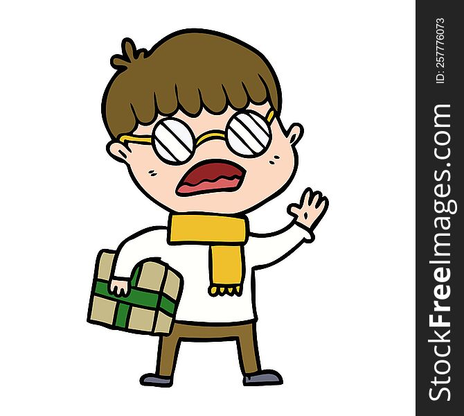 cartoon boy holding gift and wearing spectacles. cartoon boy holding gift and wearing spectacles