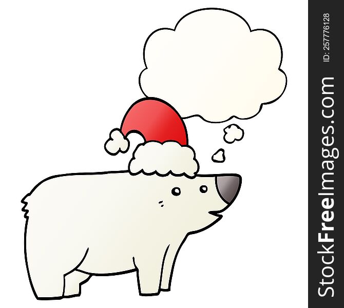 Cartoon Bear Wearing Christmas Hat And Thought Bubble In Smooth Gradient Style