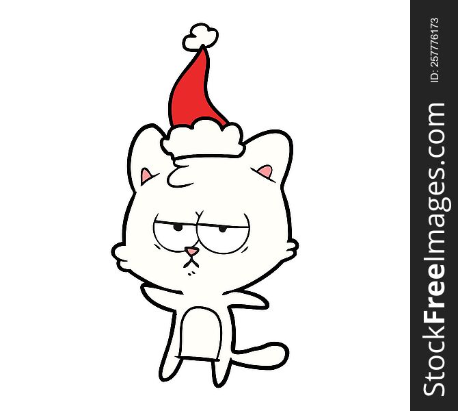 Bored Line Drawing Of A Cat Wearing Santa Hat