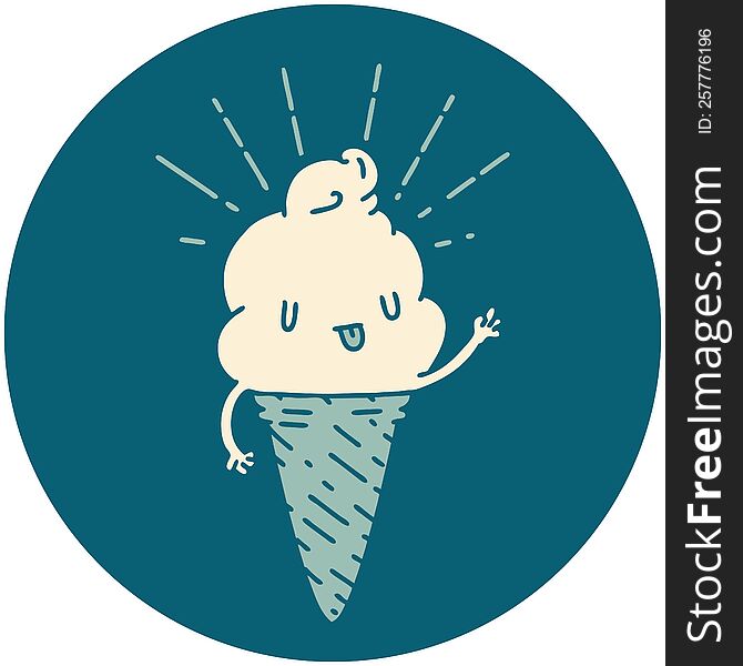 Icon Of Tattoo Style Ice Cream Character Waving