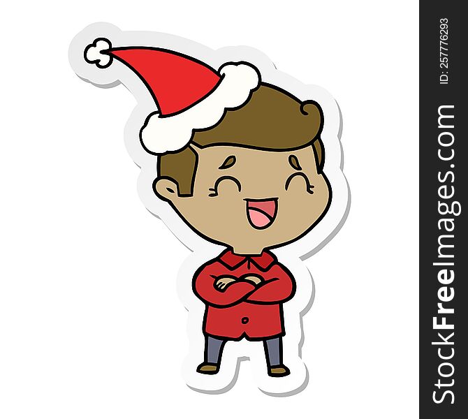 Sticker Cartoon Of A Laughing Man Wearing Santa Hat