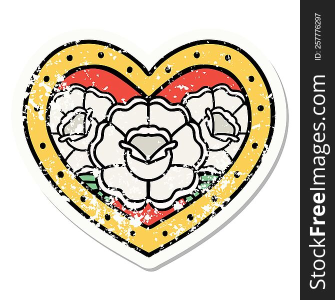 Traditional Distressed Sticker Tattoo Of A Heart And Flowers