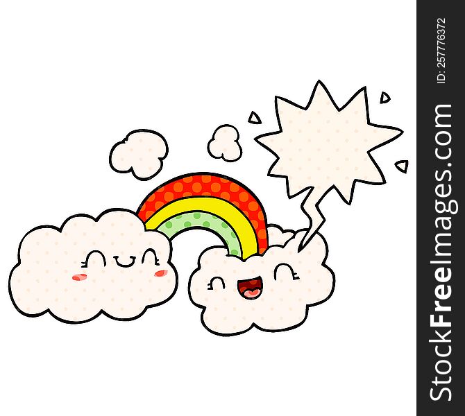 Happy Cartoon Clouds And Rainbow And Speech Bubble In Comic Book Style