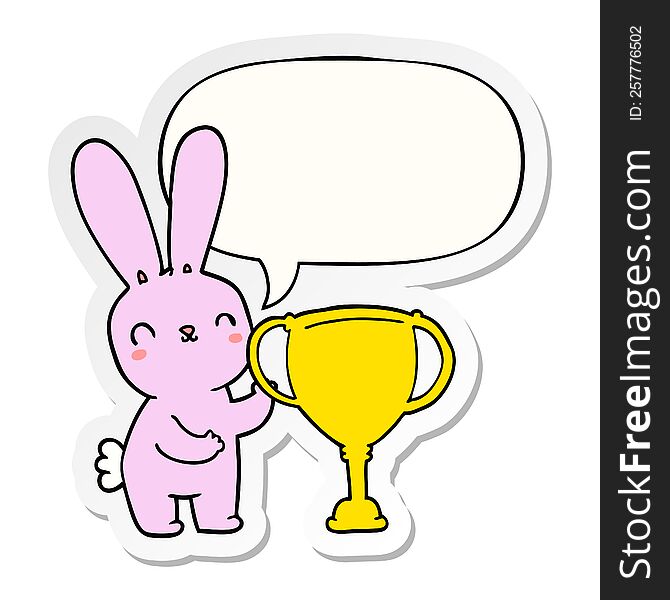 cute cartoon rabbit with sports trophy cup with speech bubble sticker. cute cartoon rabbit with sports trophy cup with speech bubble sticker