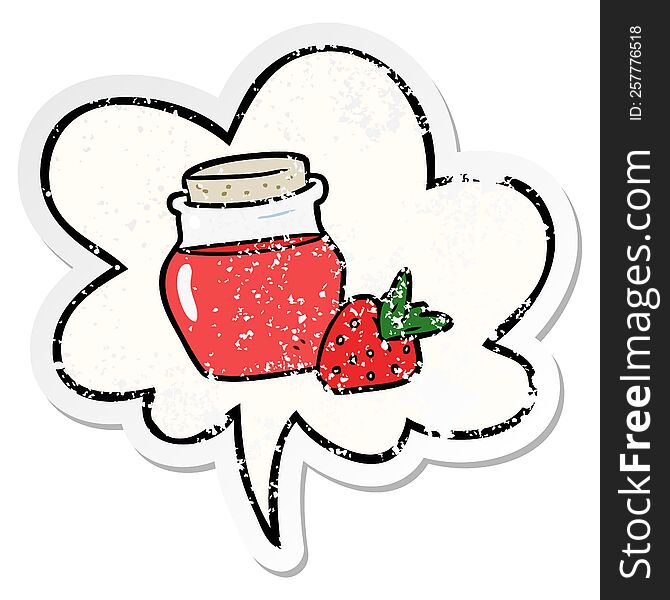 cartoon jar of strawberry jam and speech bubble distressed sticker