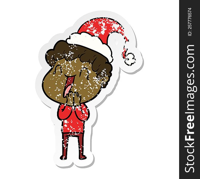 Distressed Sticker Cartoon Of A Happy Man Wearing Santa Hat
