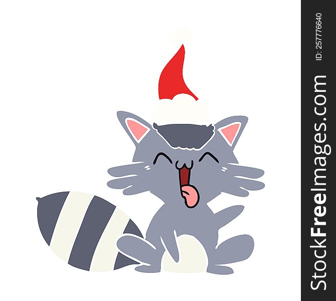 Cute Flat Color Illustration Of A Raccoon Wearing Santa Hat