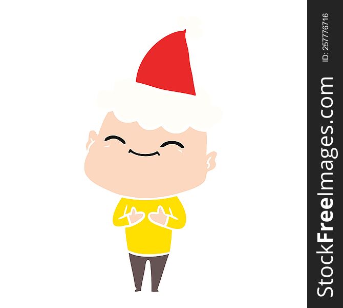 happy flat color illustration of a bald man wearing santa hat