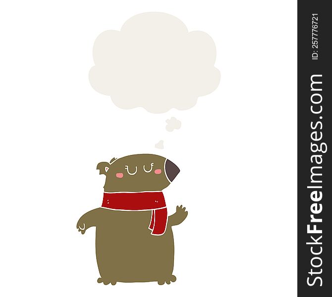 Cartoon Bear With Scarf And Thought Bubble In Retro Style