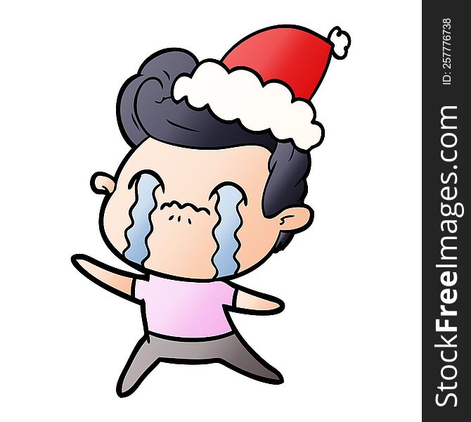 hand drawn gradient cartoon of a man crying wearing santa hat