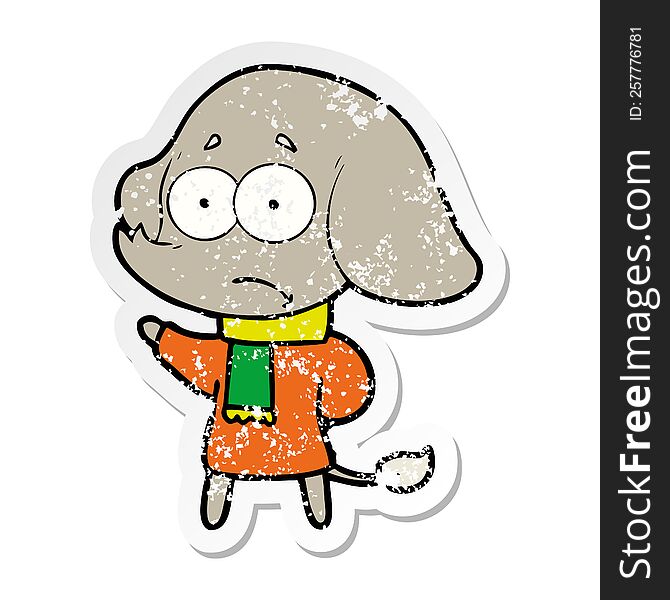 distressed sticker of a cartoon unsure elephant in scarf