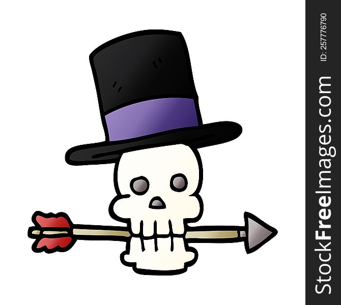 cartoon doodle skull with top hat and arrow