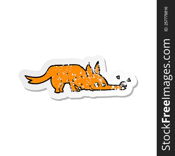 retro distressed sticker of a cartoon fox sniffing floor