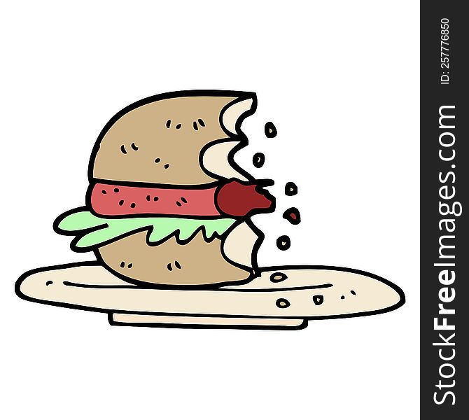 hand drawn doodle style cartoon half eaten burger