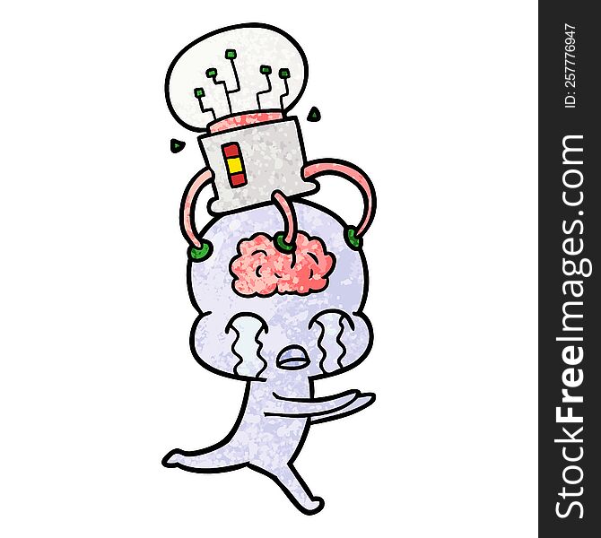 cartoon big brain alien crying with brain interface. cartoon big brain alien crying with brain interface