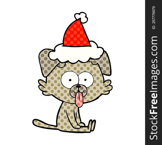 comic book style illustration of a sitting dog with tongue sticking out wearing santa hat