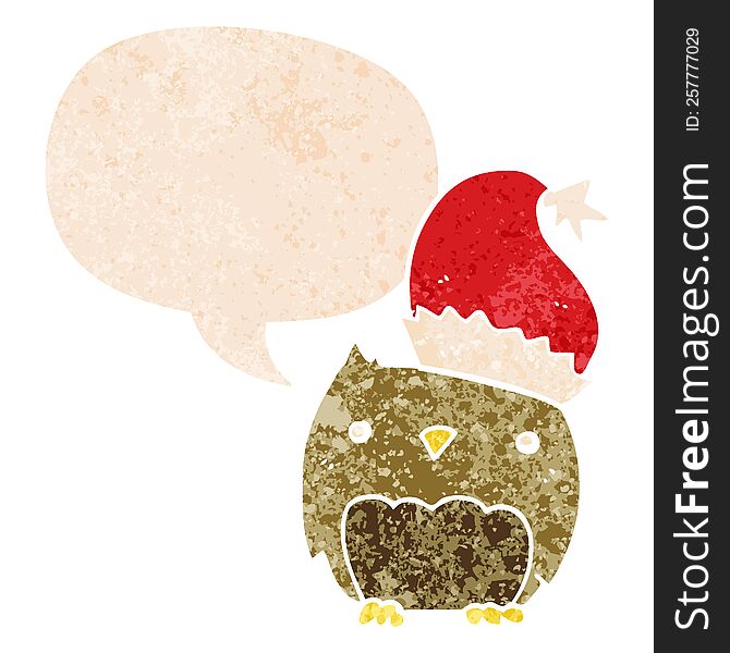 Cute Christmas Owl And Speech Bubble In Retro Textured Style