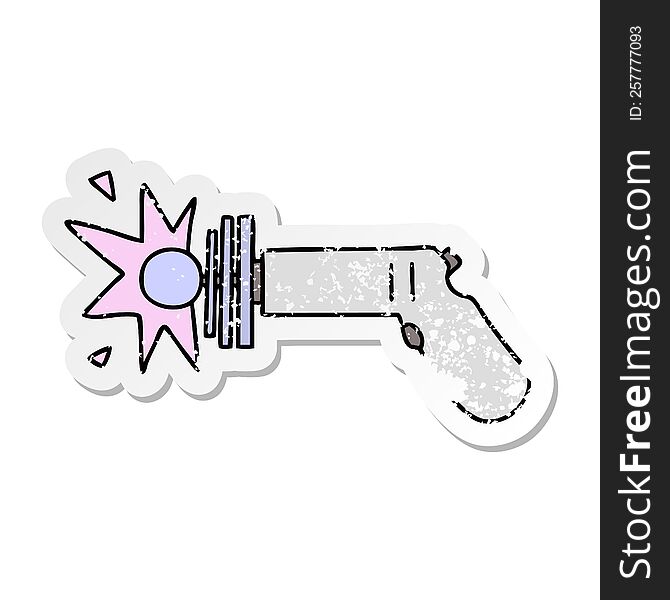 distressed sticker of a quirky hand drawn cartoon ray gun