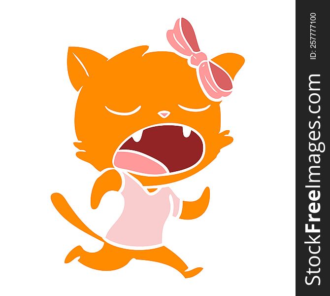 flat color style cartoon yawning cat