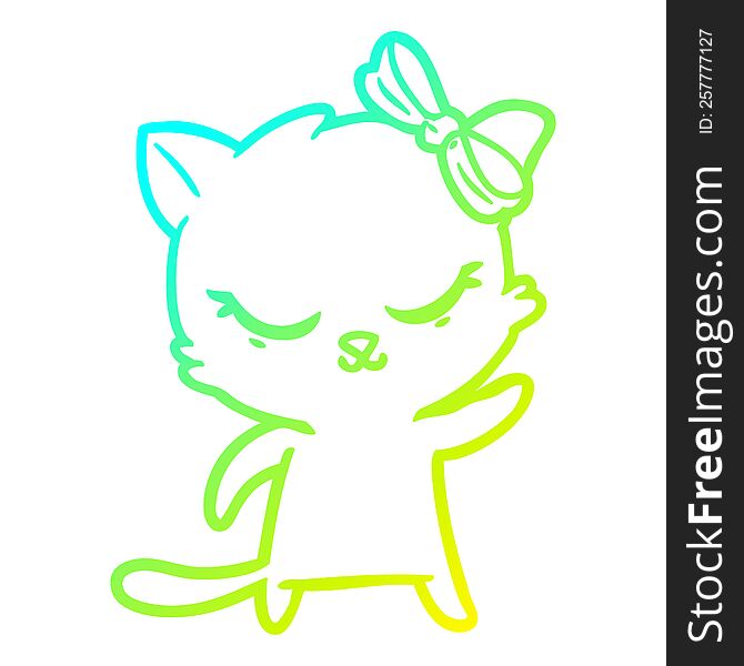 Cold Gradient Line Drawing Cute Cartoon Cat With Bow