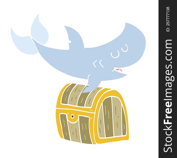 flat color style cartoon shark swimming over treasure chest