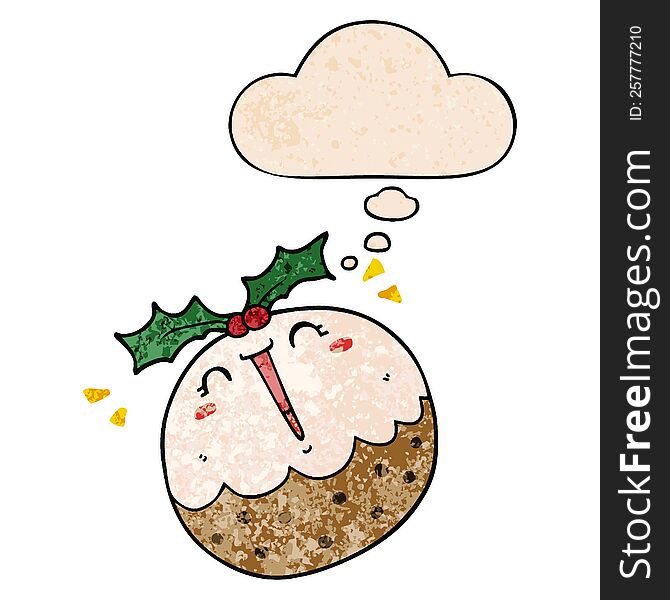 cute cartoon christmas pudding with thought bubble in grunge texture style. cute cartoon christmas pudding with thought bubble in grunge texture style