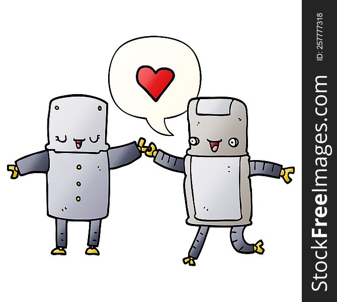 cartoon robots in love with speech bubble in smooth gradient style