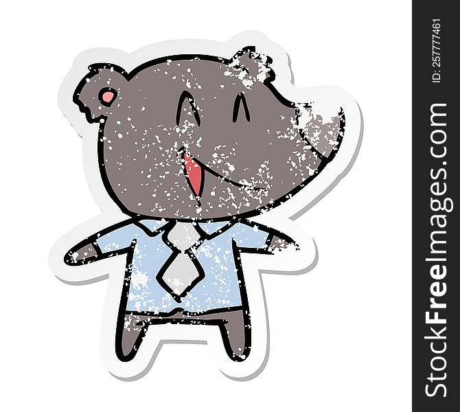 distressed sticker of a cartoon bear in shirt and tie