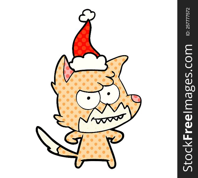 Comic Book Style Illustration Of A Grinning Fox Wearing Santa Hat