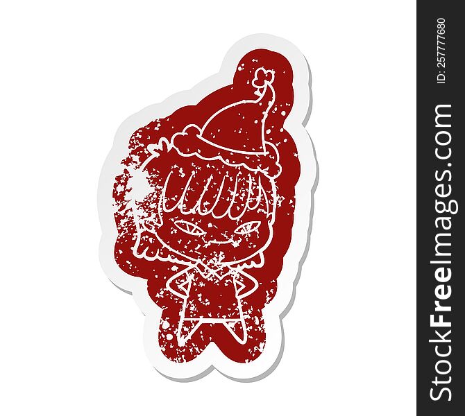 quirky cartoon distressed sticker of a woman wearing santa hat