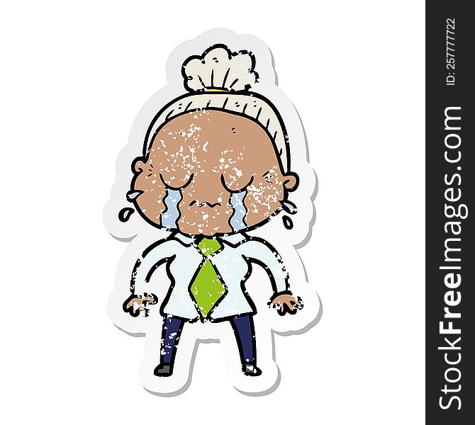 distressed sticker of a cartoon crying old lady