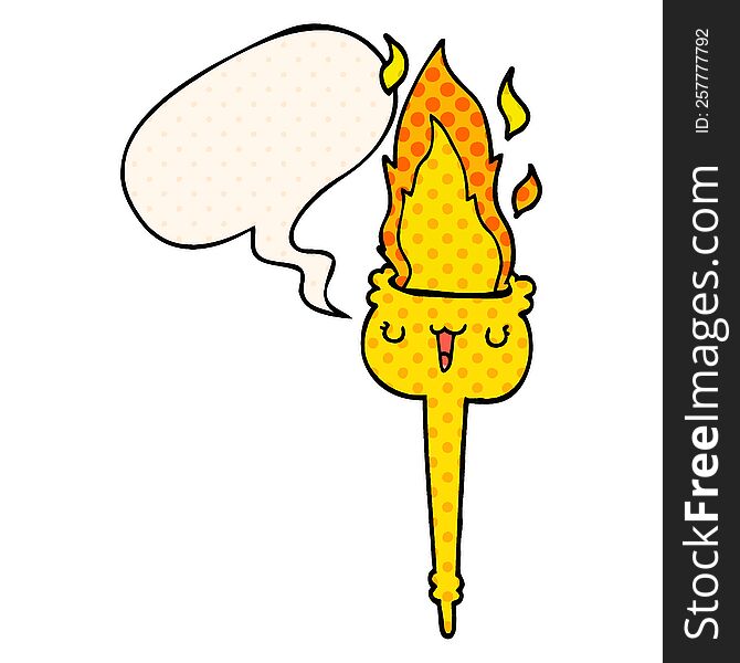 cartoon flaming torch with speech bubble in comic book style