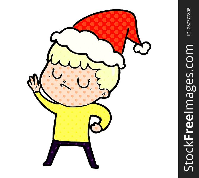 hand drawn comic book style illustration of a grumpy boy wearing santa hat