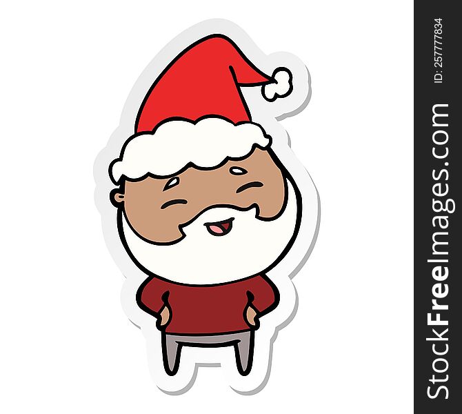 Sticker Cartoon Of A Happy Bearded Man Wearing Santa Hat