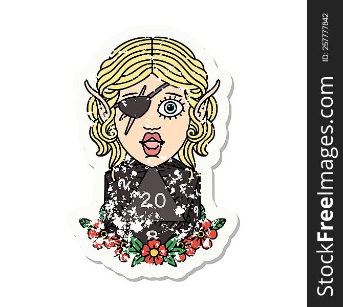 Elf Rogue Character With Natural Twenty Dice Roll Grunge Sticker