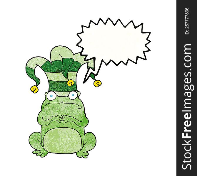 freehand speech bubble textured cartoon frog wearing jester hat. freehand speech bubble textured cartoon frog wearing jester hat