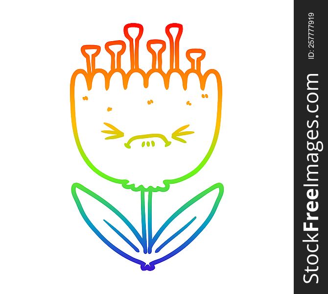 Rainbow Gradient Line Drawing Cartoon Angry Flower