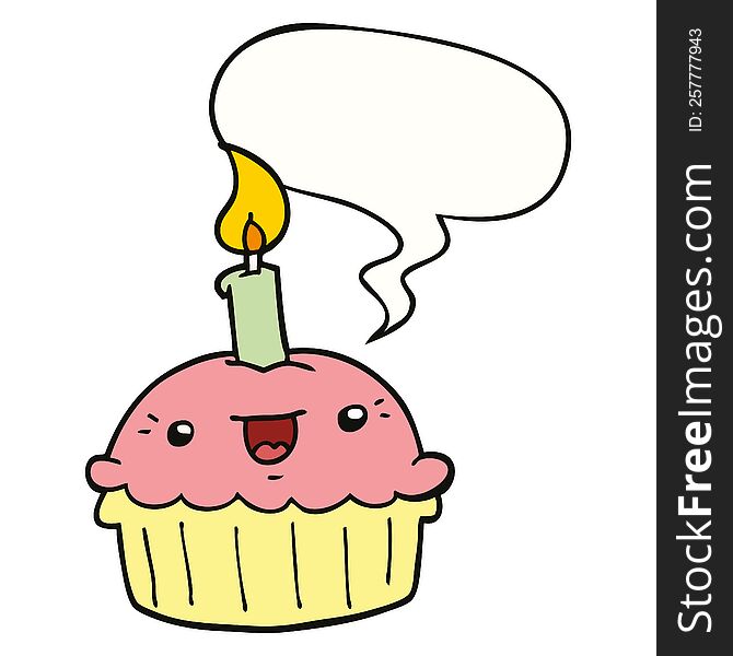 Cartoon Cupcake And Candle And Speech Bubble