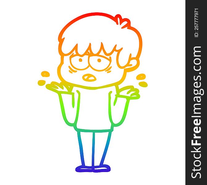 rainbow gradient line drawing of a cartoon exhausted boy shrugging shoulders