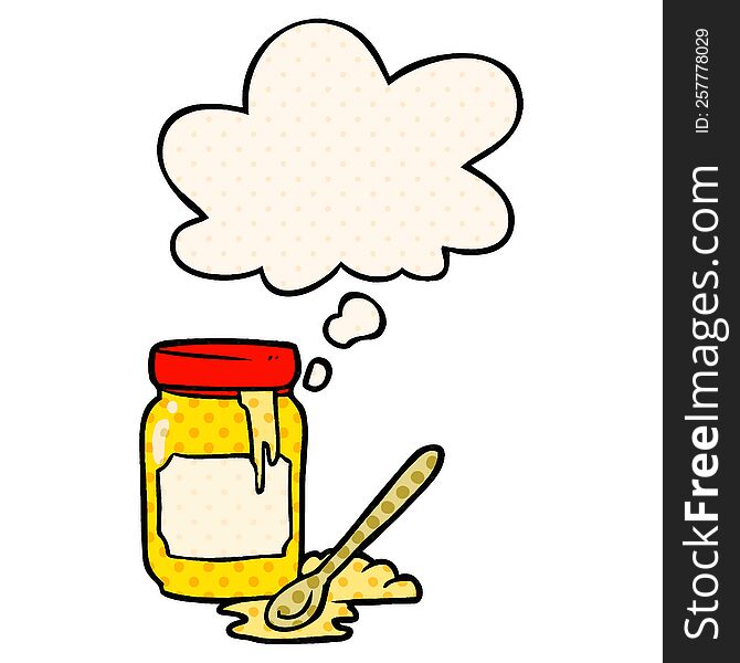 cartoon jar of honey and thought bubble in comic book style