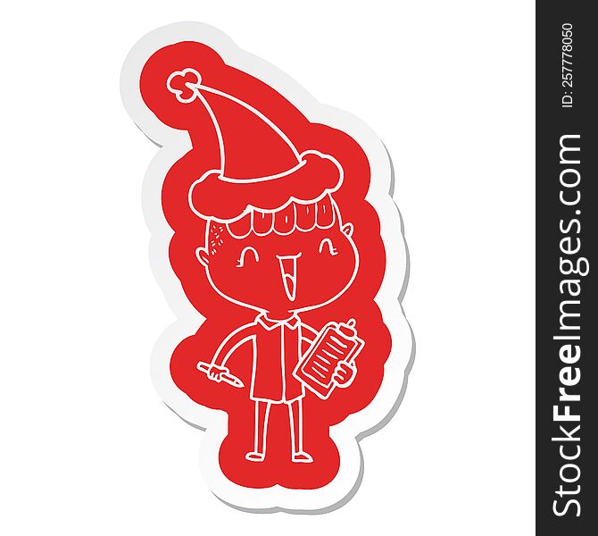 quirky cartoon  sticker of a happy boy surprised wearing santa hat