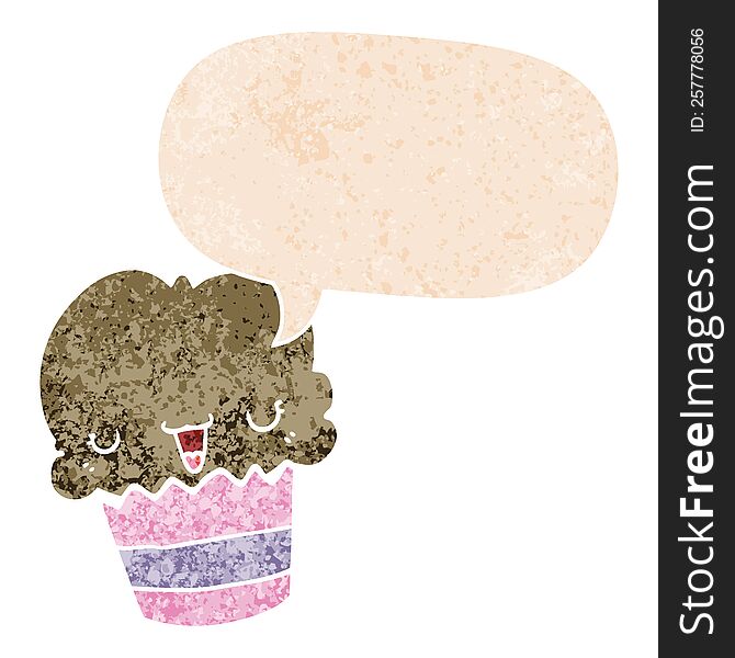 cartoon cupcake with face with speech bubble in grunge distressed retro textured style. cartoon cupcake with face with speech bubble in grunge distressed retro textured style