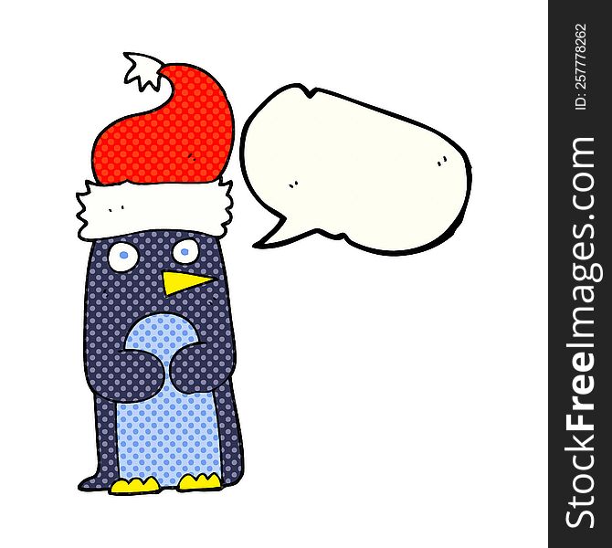 freehand drawn comic book speech bubble cartoon penguin in christmas hat