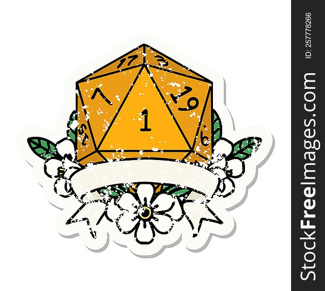 grunge sticker of a natural one d20 dice roll. grunge sticker of a natural one d20 dice roll